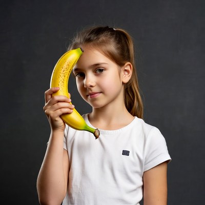 Girl holding banana on head