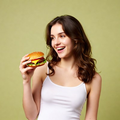 Woman holding burger smiling
