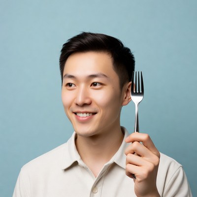 Asian man holding fork