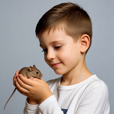 Boy holding cute mouse