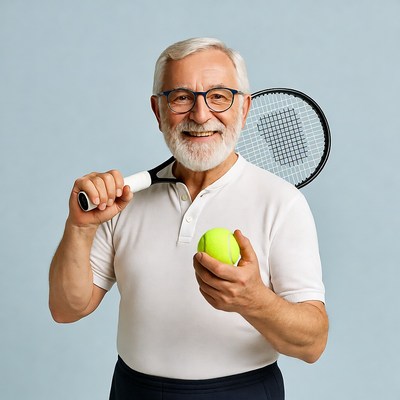 Elderly man holding tennis racket and ball