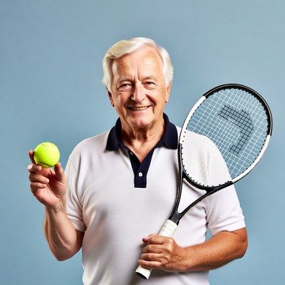 Elderly man holding tennis racket and ball