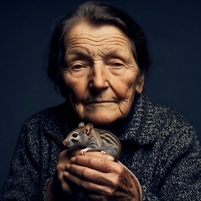 Elderly woman holding striped mouse