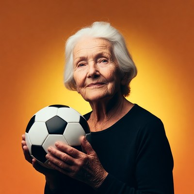 Elderly woman holding soccer ball