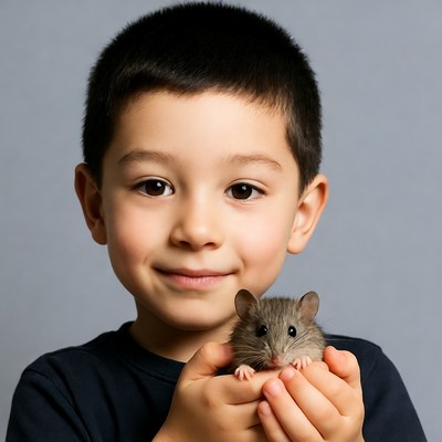 Boy holding cute mouse