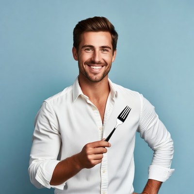 Man holding fork smiling