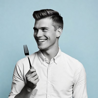 Man holding fork smiling