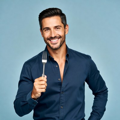 Handsome man holding fork