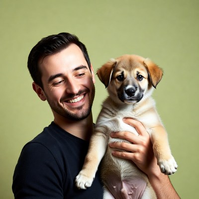 Man holding cute puppy