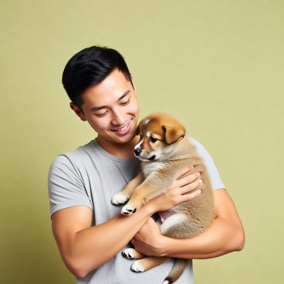 Asian man holding Shiba Inu puppy