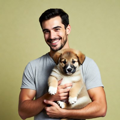 Man holding cute puppy