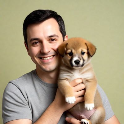 Man holding cute puppy