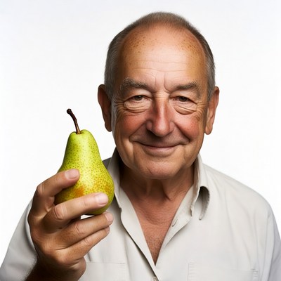 Elderly man holding green pear