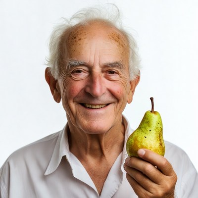 Elderly man holding green pear