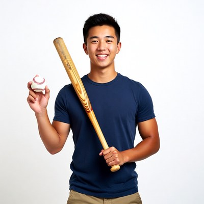 Asian young man holding baseball bat and ball