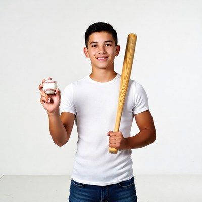 Latino boy holding baseball bat and ball