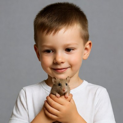 Boy holding cute mouse