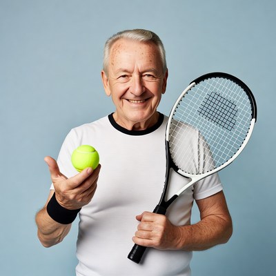 Elderly man holding tennis racket and ball