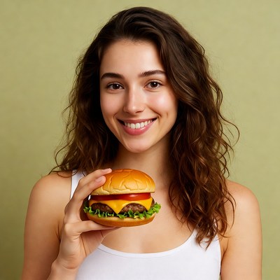 Woman holding burger smiling