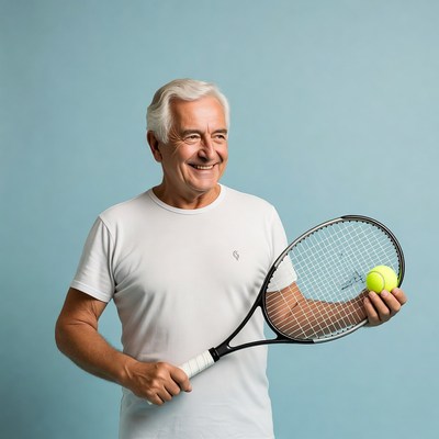 Senior man holding tennis racket and ball