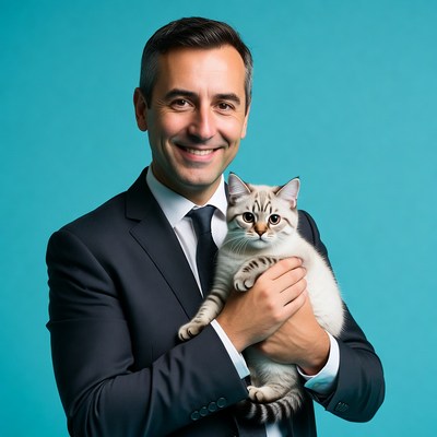Man holding kitten in suit