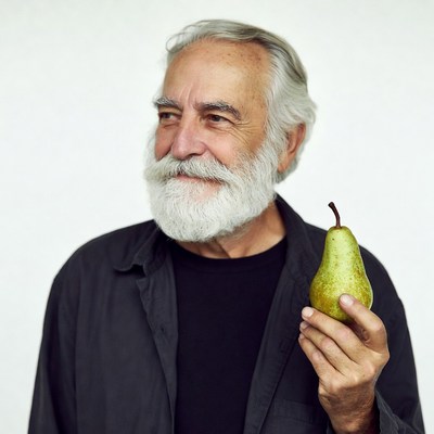 Elderly man holding green pear