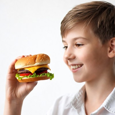 Boy holding cheeseburger