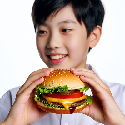 Asian boy holding burger