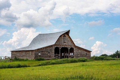 Rustic barn in green field