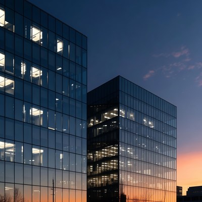 Glass Office Buildings at Sunset