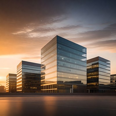 Modern glass skyscrapers at sunset