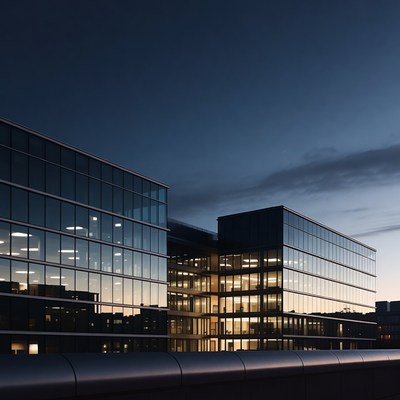 Modern Glass Office Buildings at Dusk
