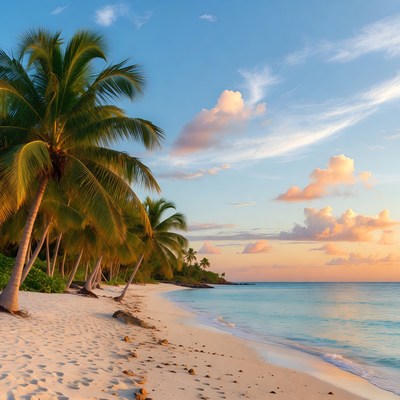 Tropical Beach with Palm Trees at Sunset