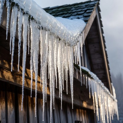 Icicles hanging from snowy roof