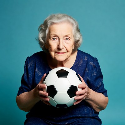Elderly woman holding soccer ball
