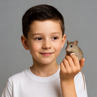 Boy holding pet mouse