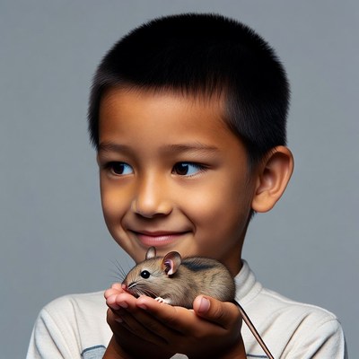 Asian boy holding cute mouse
