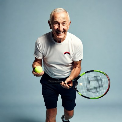 Elderly man holding tennis racket and ball