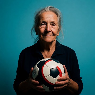 Elderly woman holding soccer ball