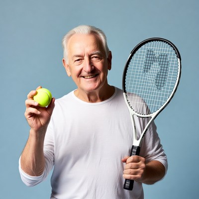 Elderly man holding tennis racket and ball