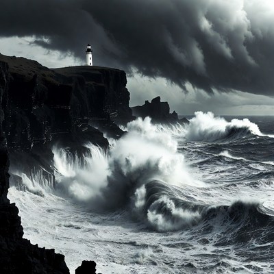 Lighthouse on Cliff in Stormy Sea