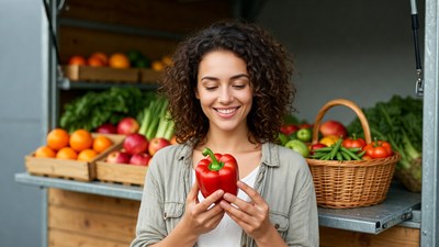 Woman holding red bell pepper