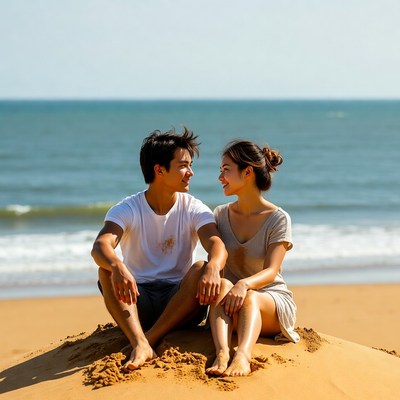 Asian couple sitting on beach