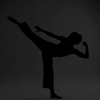 Woman silhouette kicking in martial arts pose