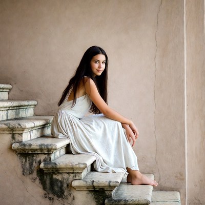 Woman sitting on stone stairs