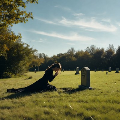 Woman kneeling praying at gravestone