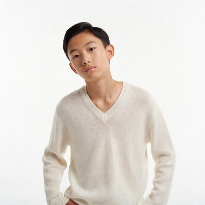 Asian boy in white V-neck sweater