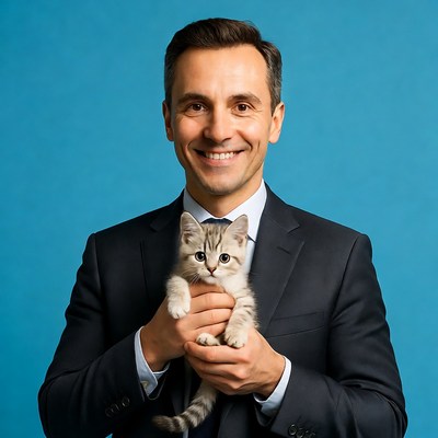 Man in suit holding kitten