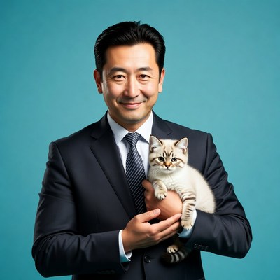 Asian man holding kitten