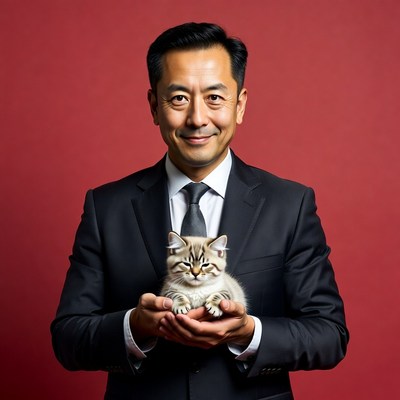 Asian man holding kitten in suit